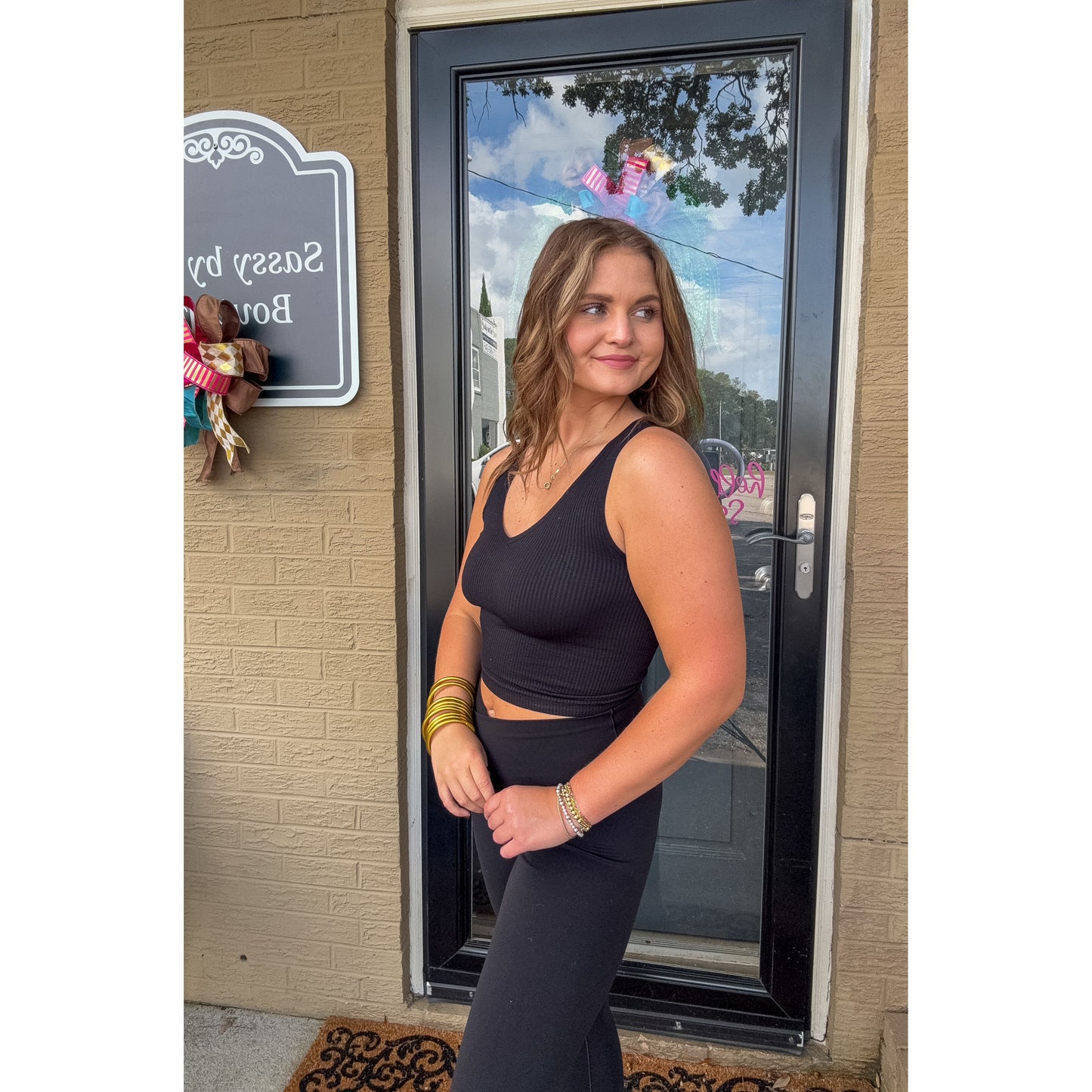 V Neck Ribbed Crop Top, Black