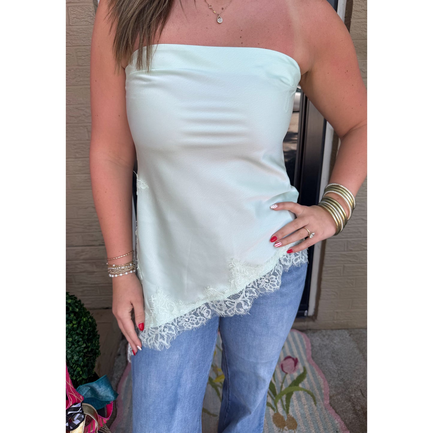 Detail Lace Asymmetrical Top, Mint