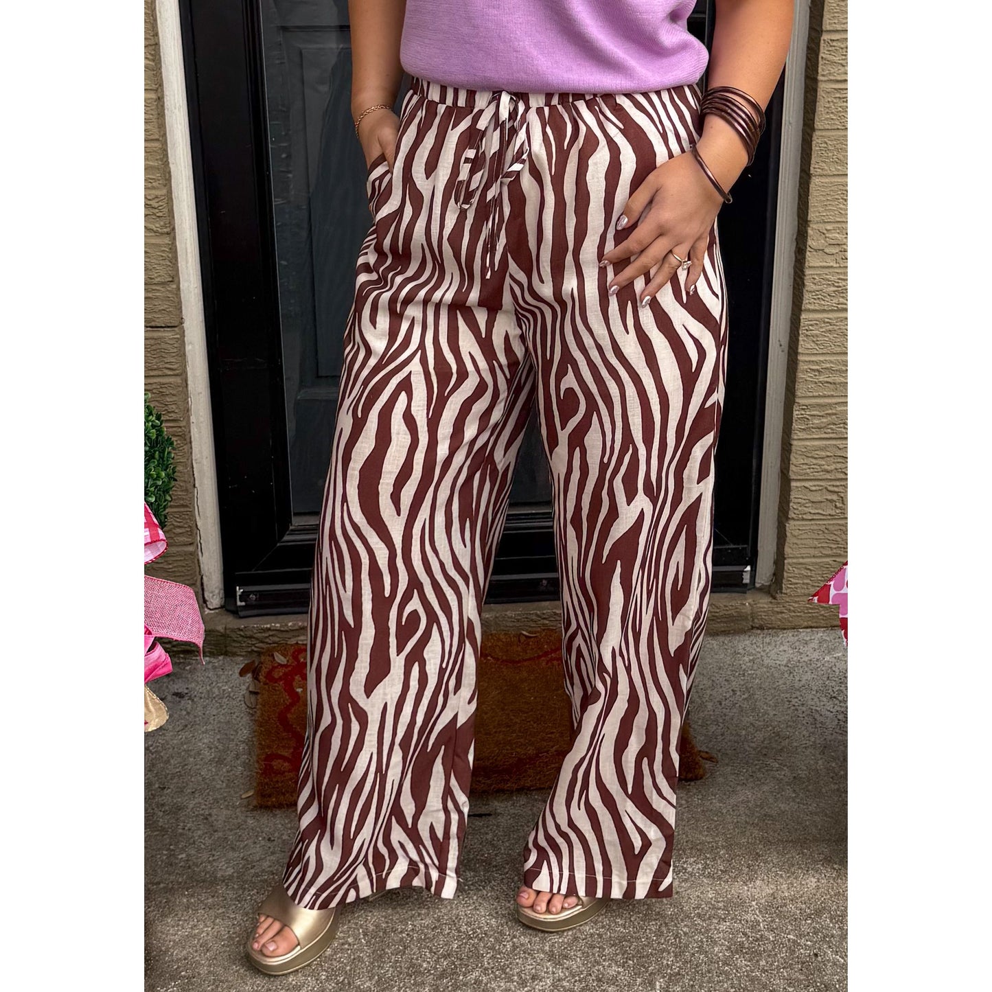 Zebra Print Pants, Brown/Cream