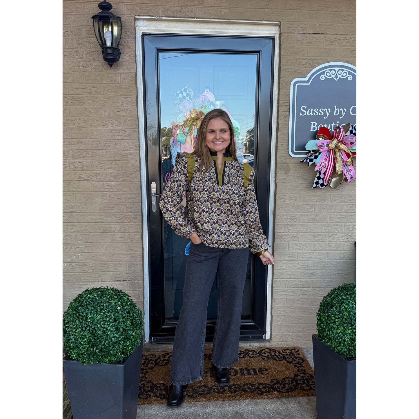 Chartreuse/Black Pattern Blouse