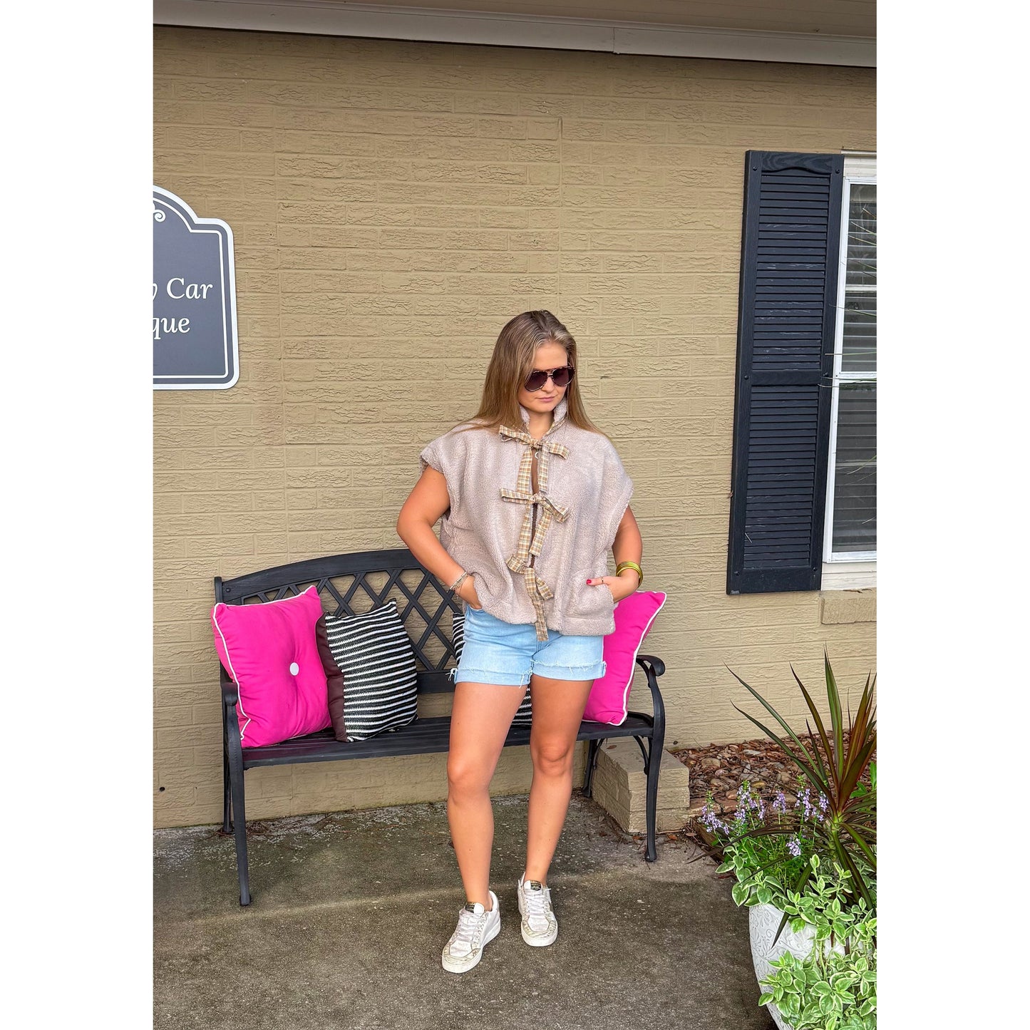 Maisie Sherpa Vest w/ Plaid Detail, Taupe Multi