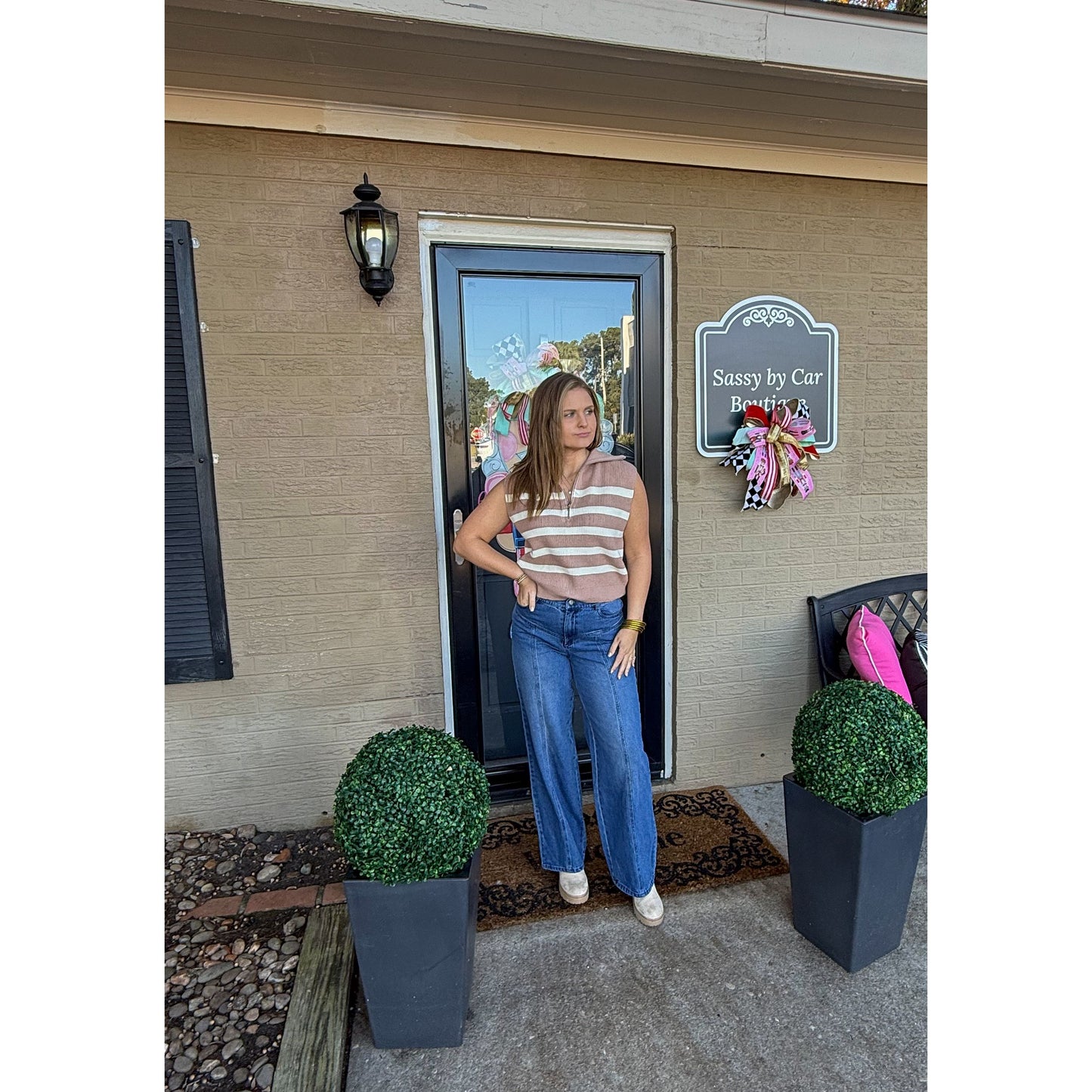 Rivers Stripe Top, Taupe/Cream