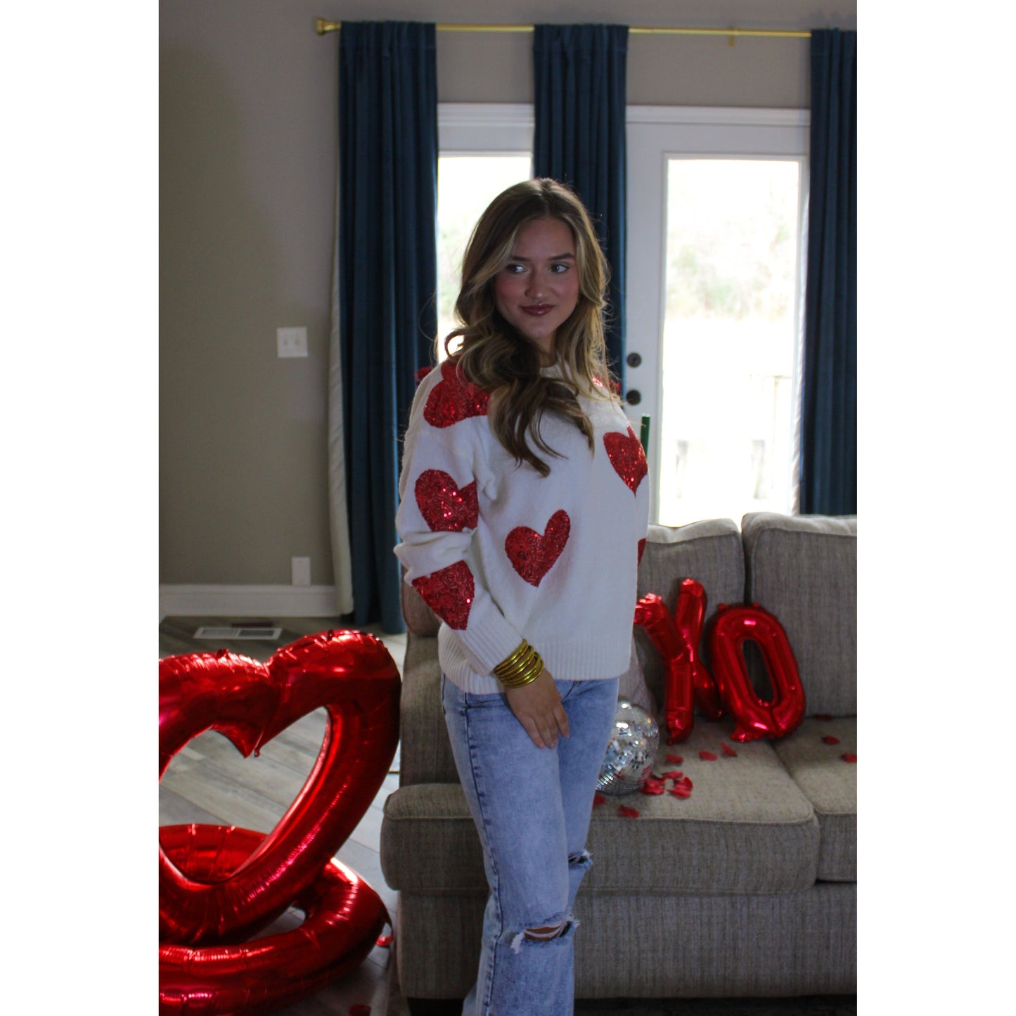 Whitney Heart Sequin Sweater, Ivory/Red