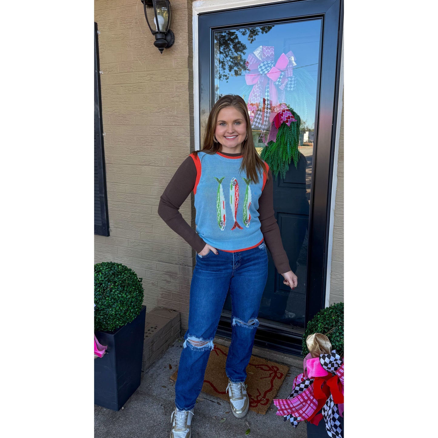 Fish Graphic Sweater Vest, Multi