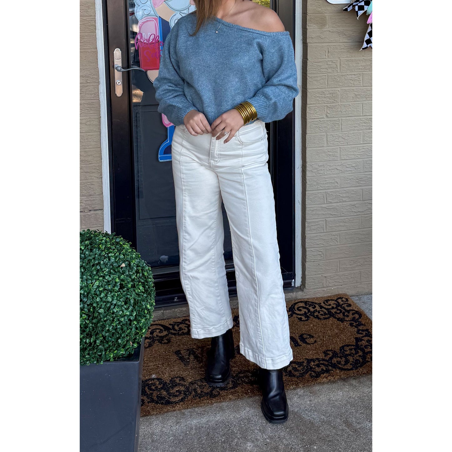 Noelle Asymmetrical Neckline Sweater, Blue