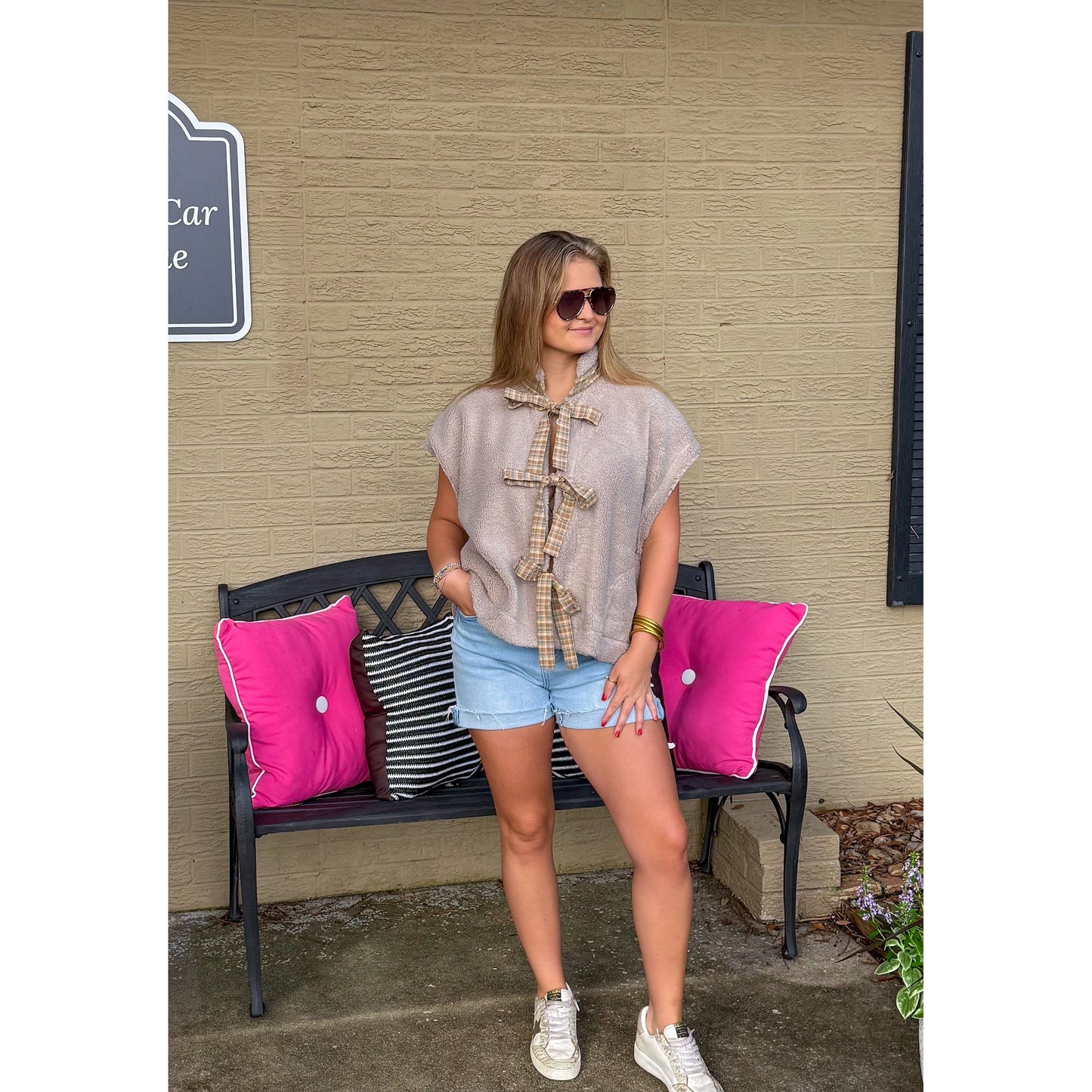 Maisie Sherpa Vest w/ Plaid Detail, Taupe Multi
