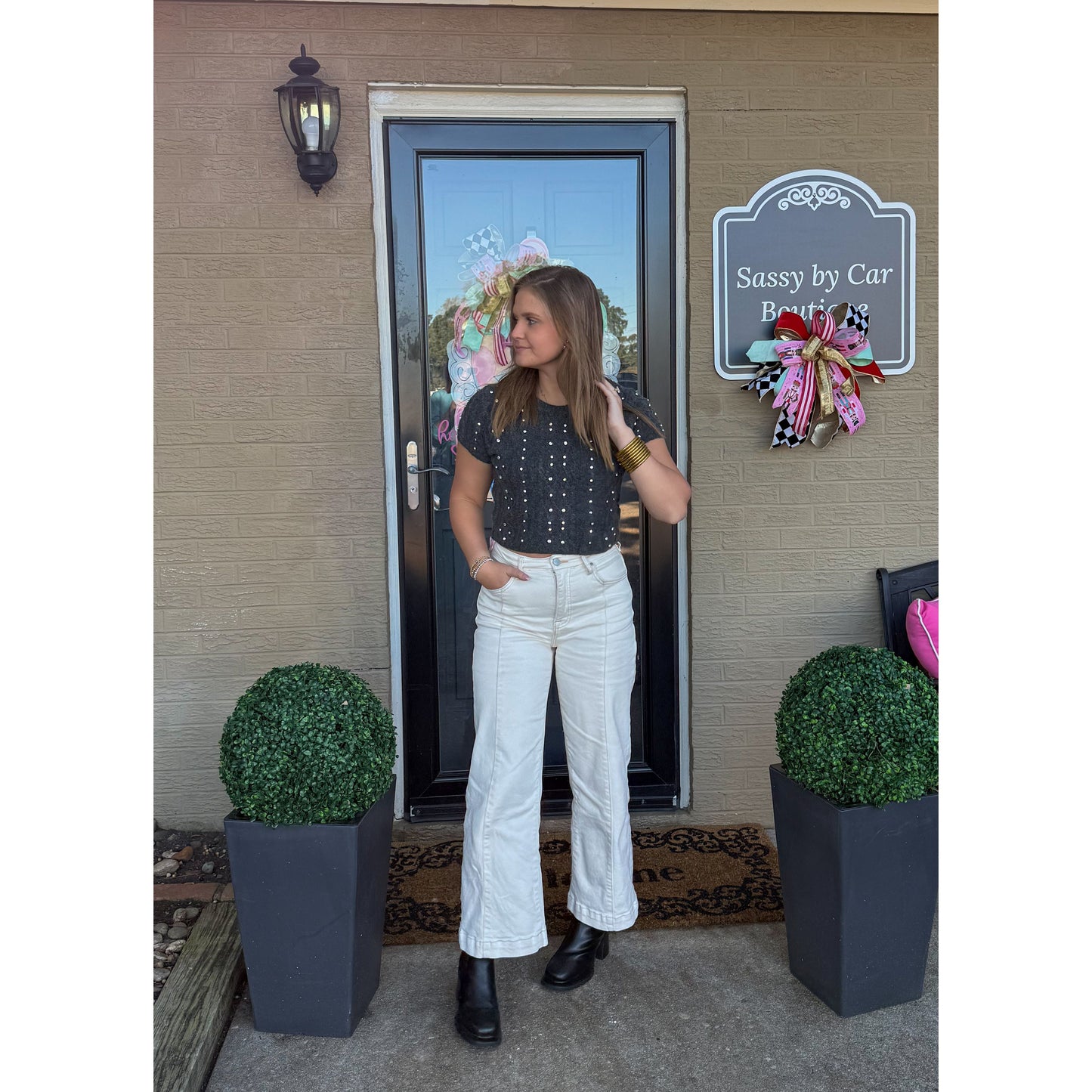 Brittany Detail Top, Charcoal