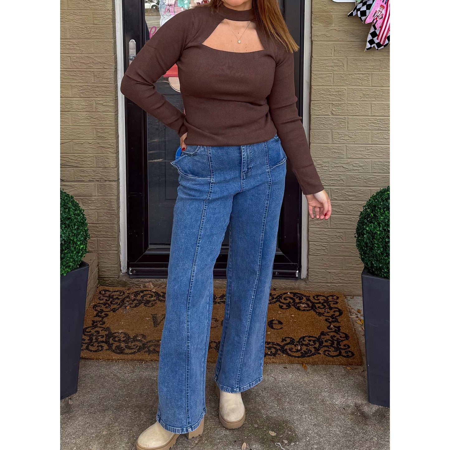 Mock Neck Cutout Top, Dark Brown