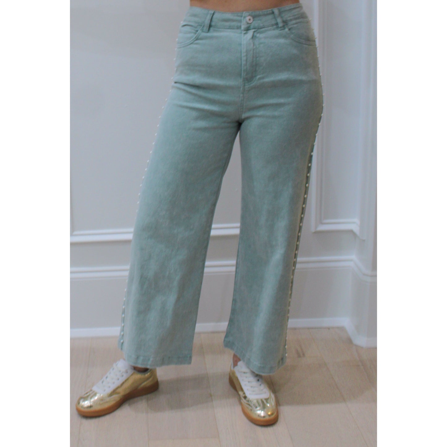 Sage Pearl Denim Pants, Sage Green