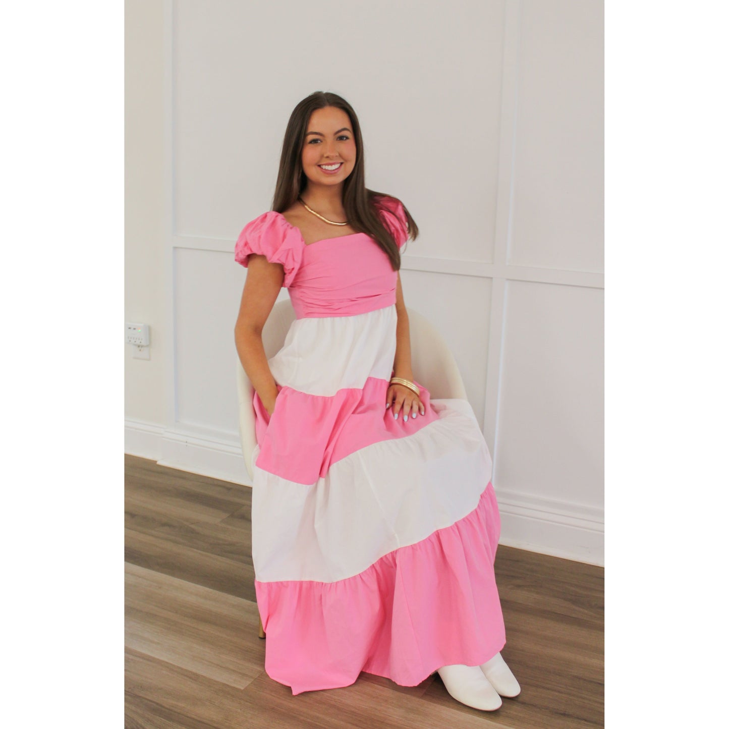 Monroe Midi Dress, Pink/White