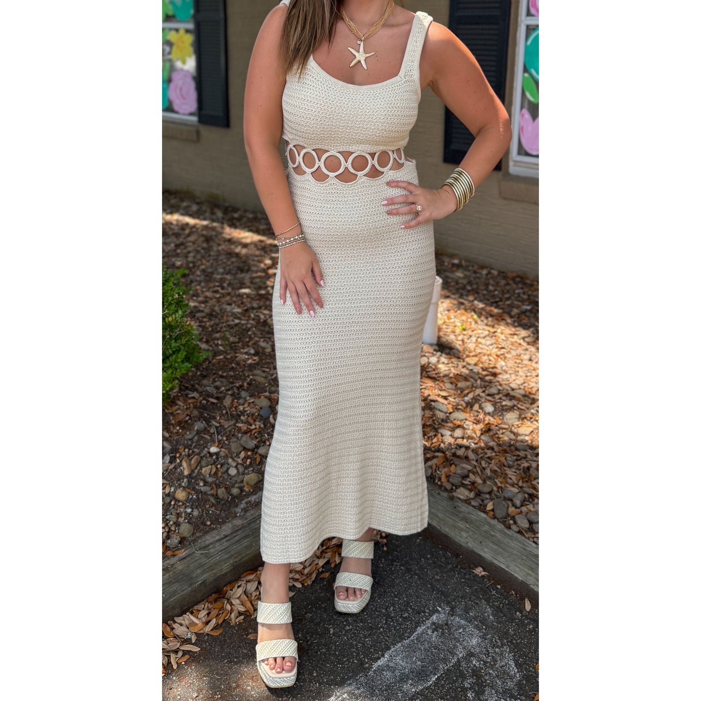 O-Ring Crochet Midi Dress, Cream