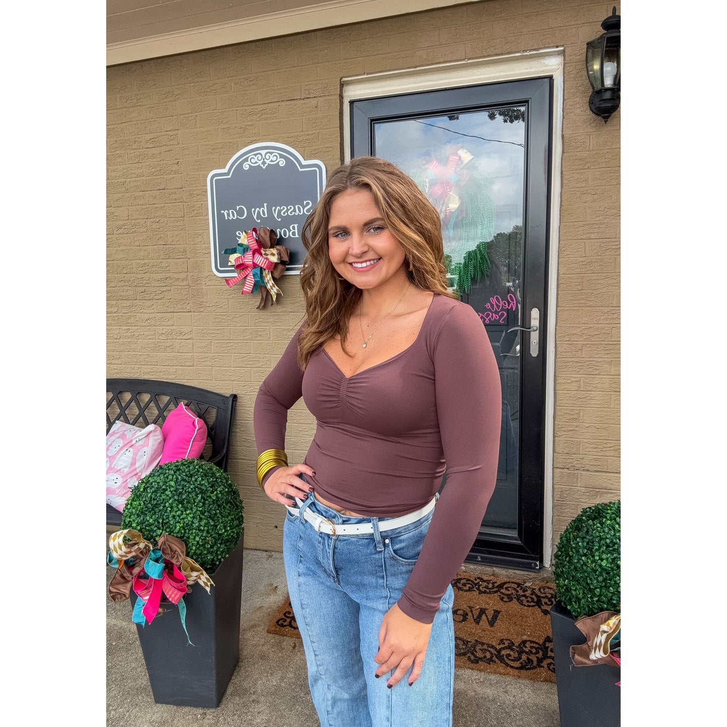Clean Line Shirred LS Top, Mocha