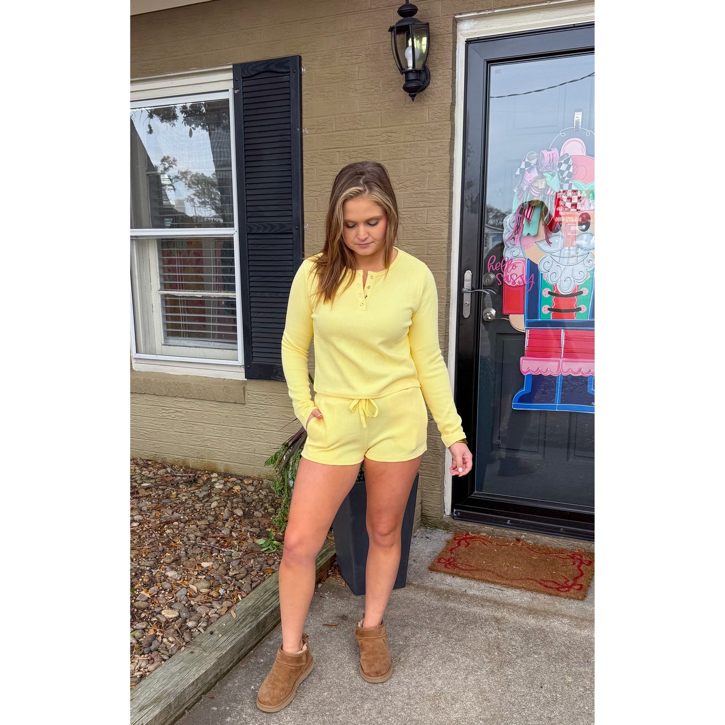 Butter Yellow Waffle Knit Lounge Set