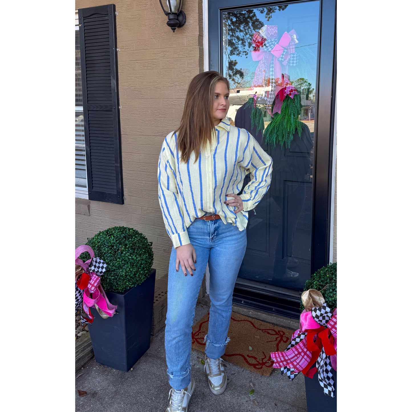 Anne Stripe Button Down Top, Butter Yellow/Blue