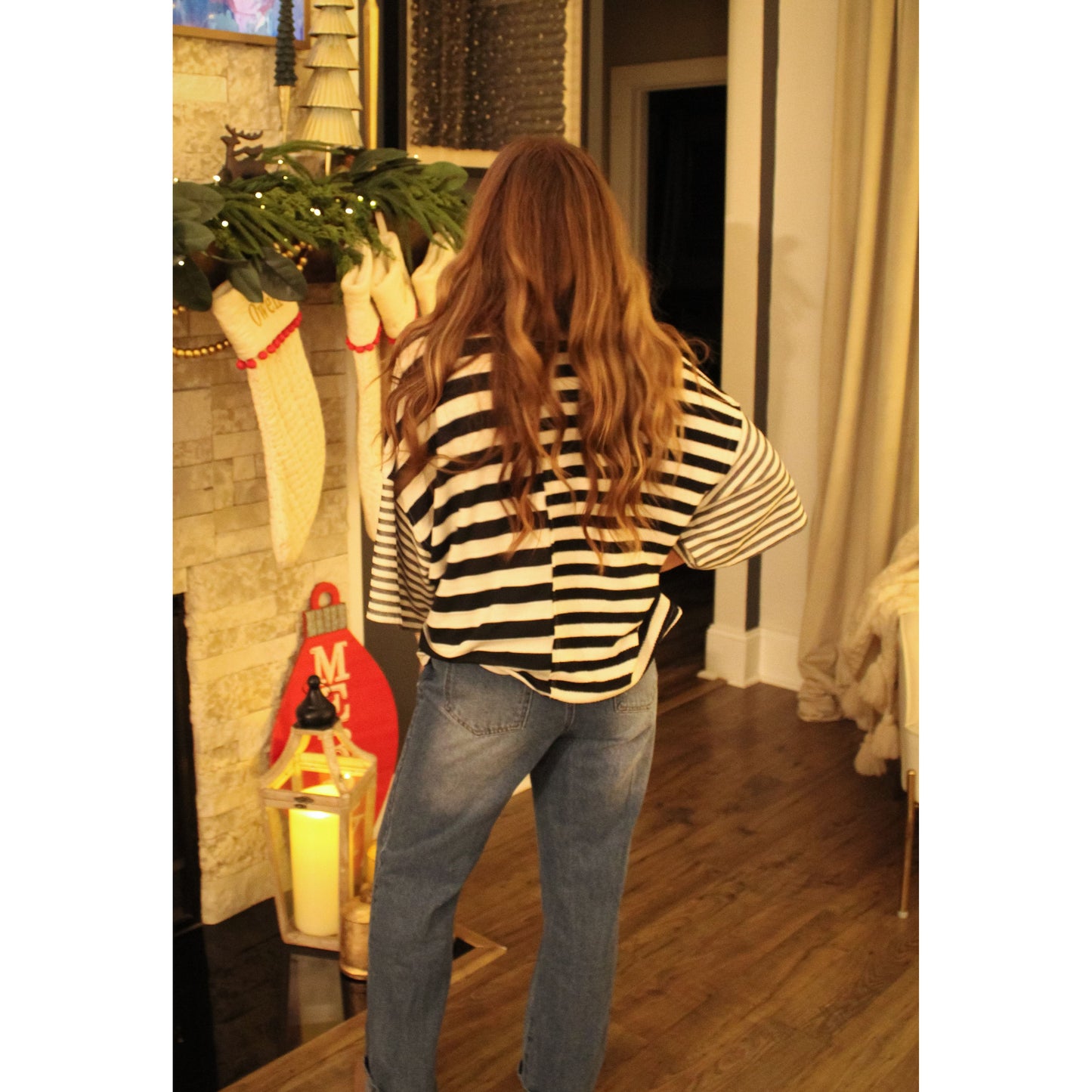 Avery Stripe Top, Black/Pumpkin