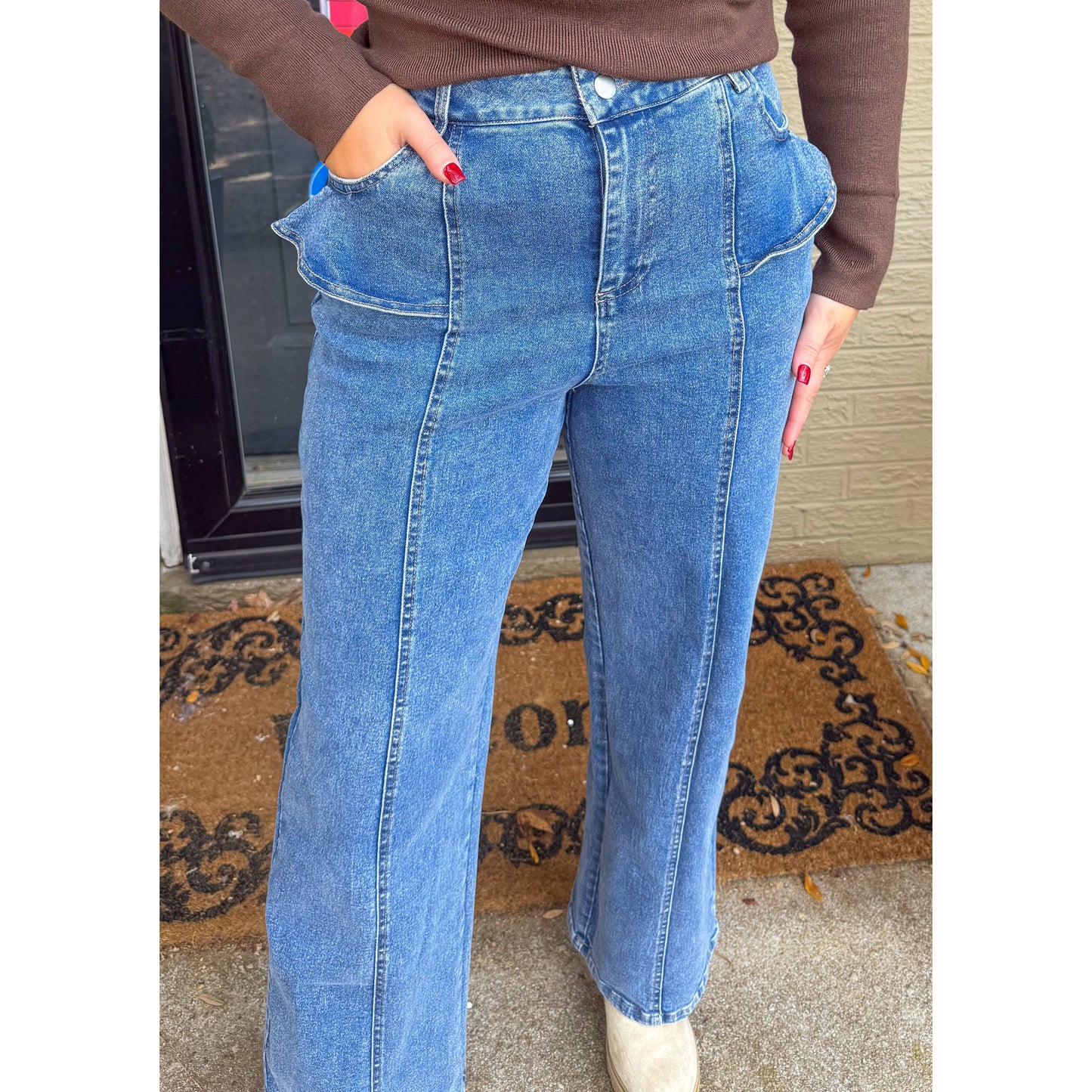 Maddie Ruffle Detail Jeans, Medium Wash