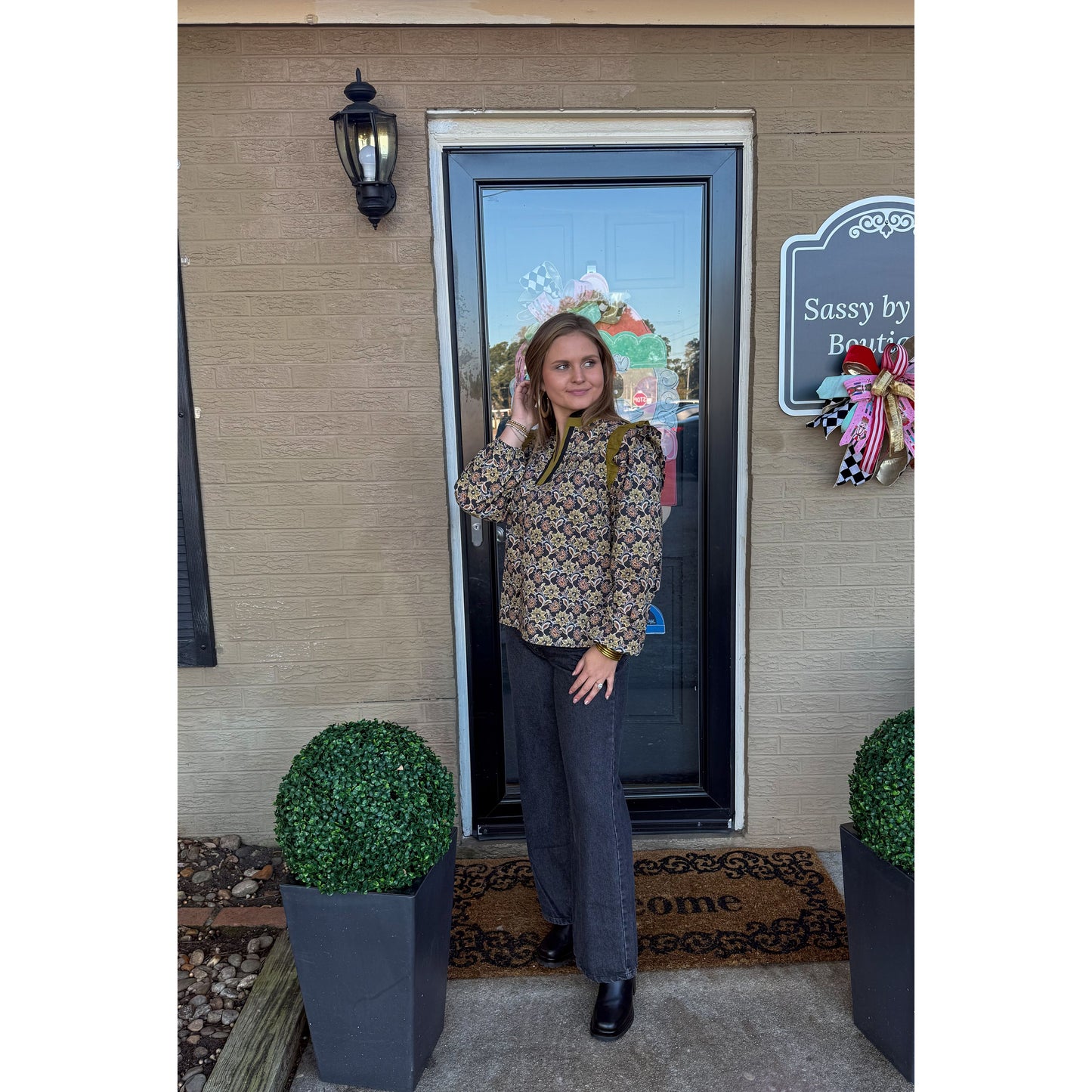 Chartreuse/Black Pattern Blouse