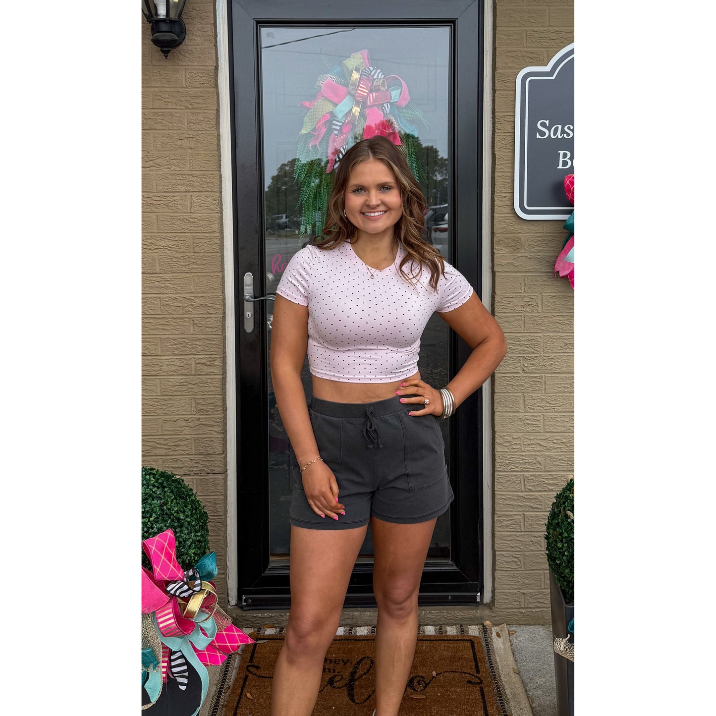 Polka Dot Detail Crop Top, Pink/Black