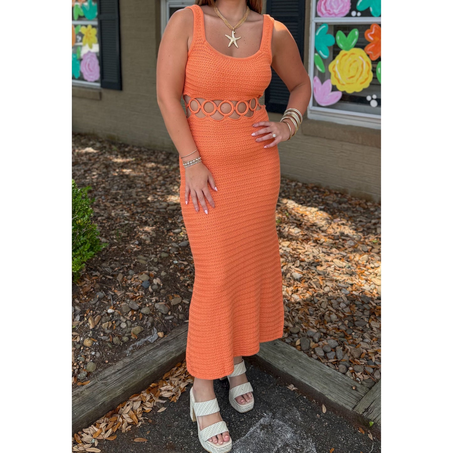 O-Ring Crochet Midi Dress, Orange