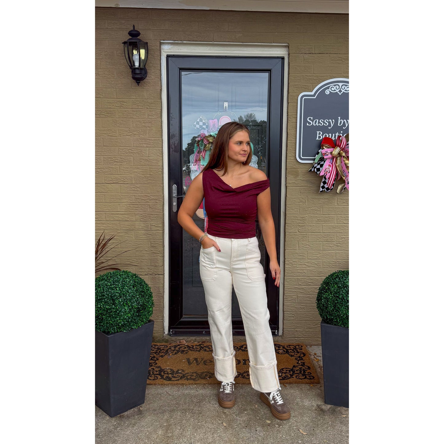 Millie Rhinestone Stud Top, Burgundy