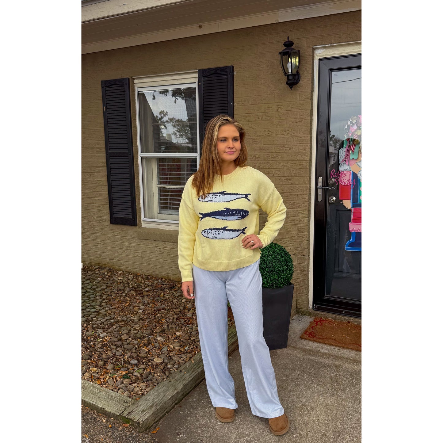 Sardine Graphic Knit Sweater, Butter Yellow