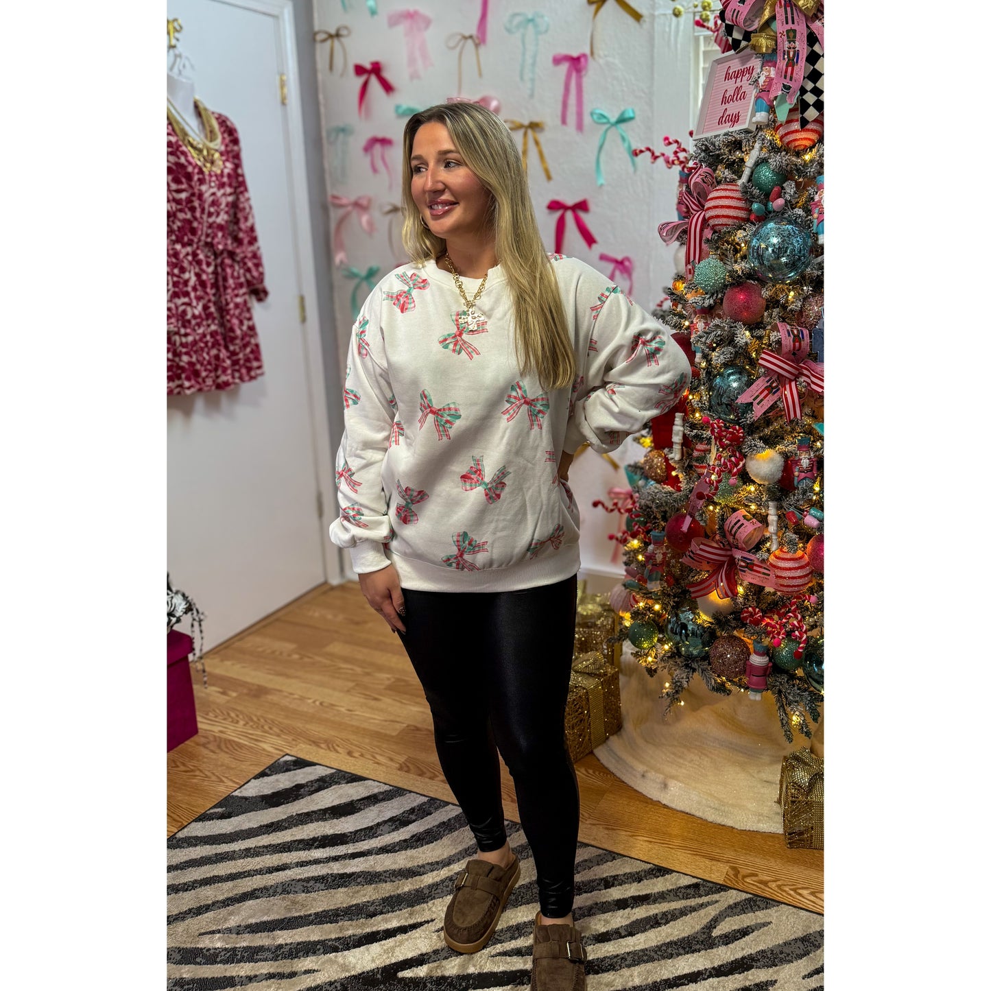 Plaid Bow Pullover, Red/Green/Grey