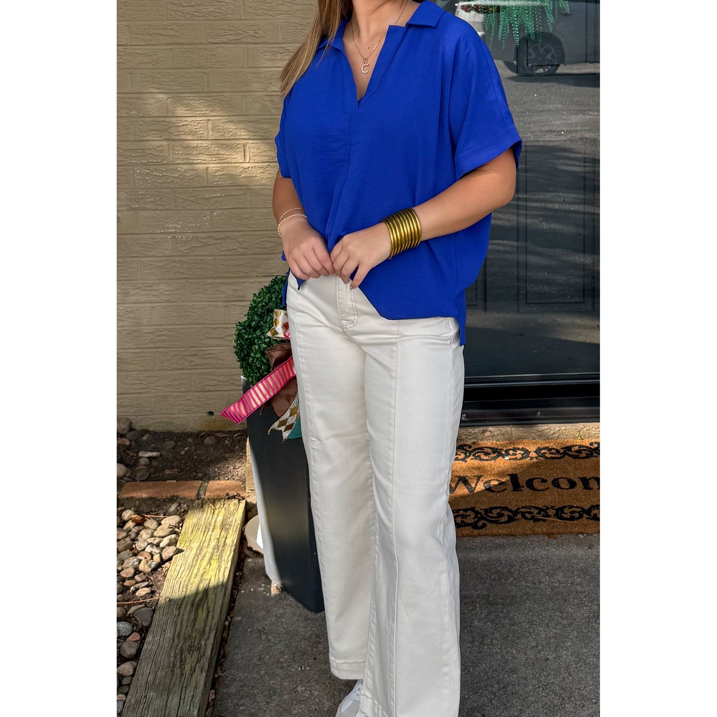 Julianna V-Neck/Collar Top, Royal Blue