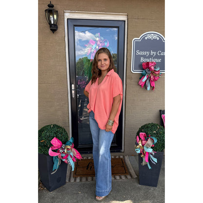 Hannah V-Neck Top, Coral