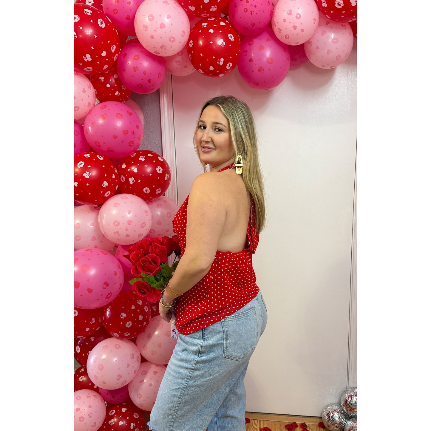 Polka Dot Detail Top, Cherry Red/White