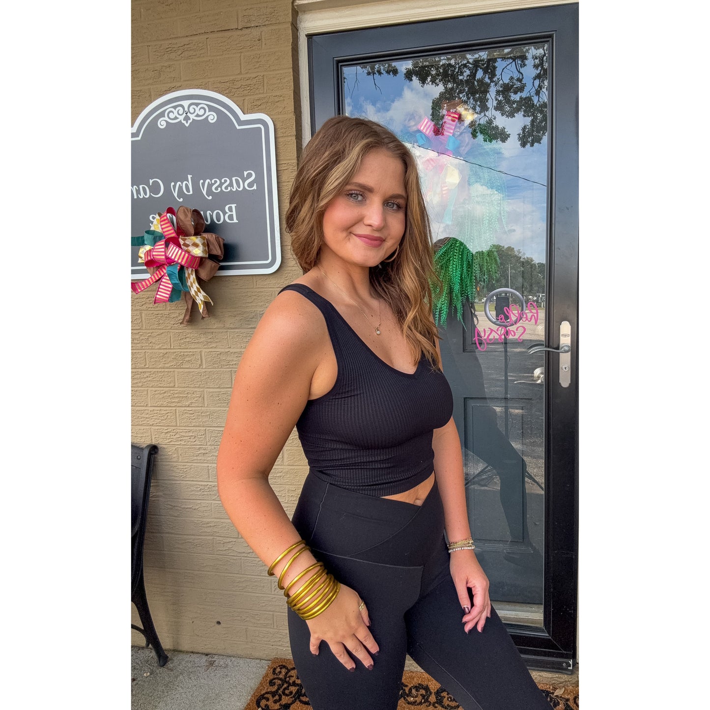 V Neck Ribbed Crop Top, Black