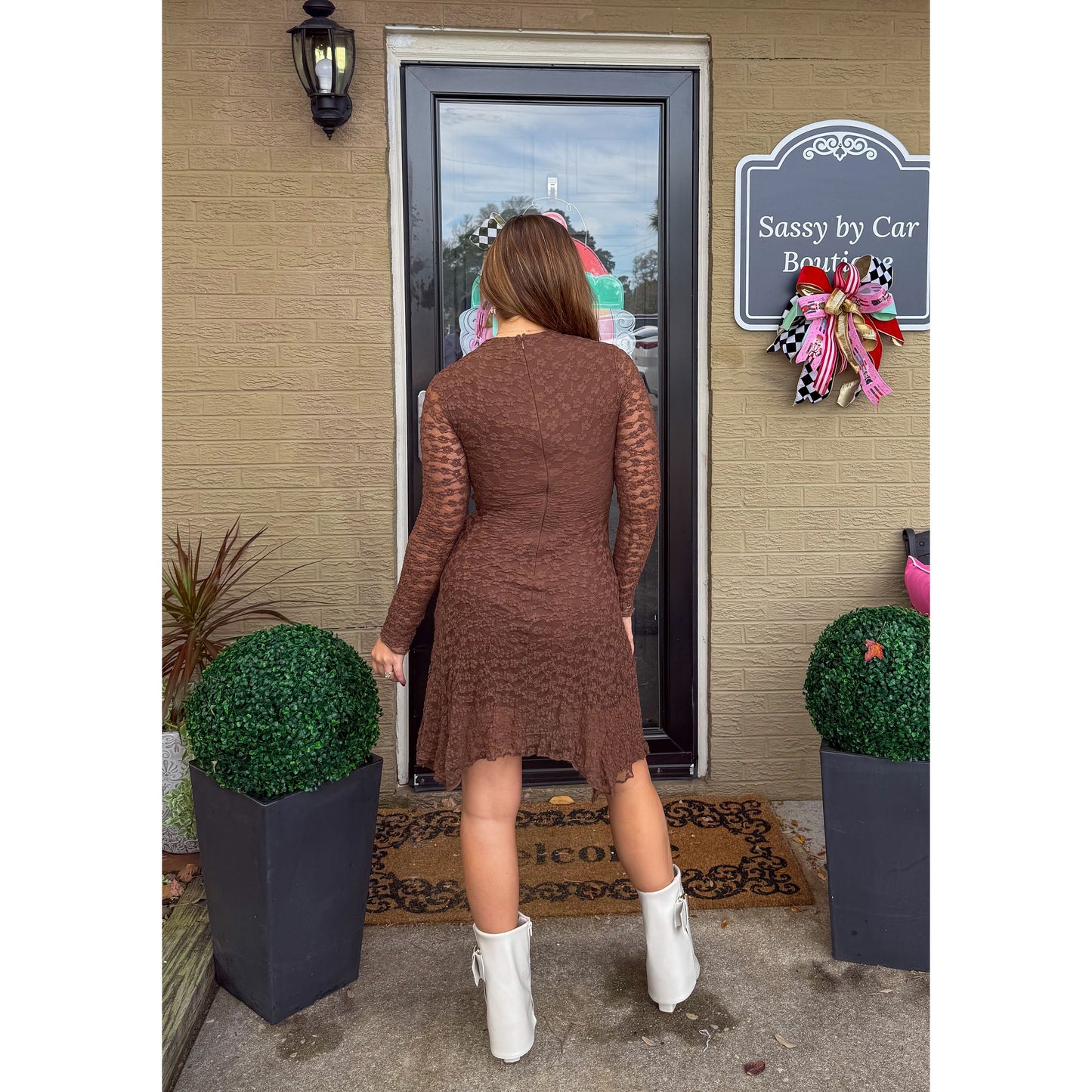 Stella Mesh Detail Mini Dress, Chocolate Brown