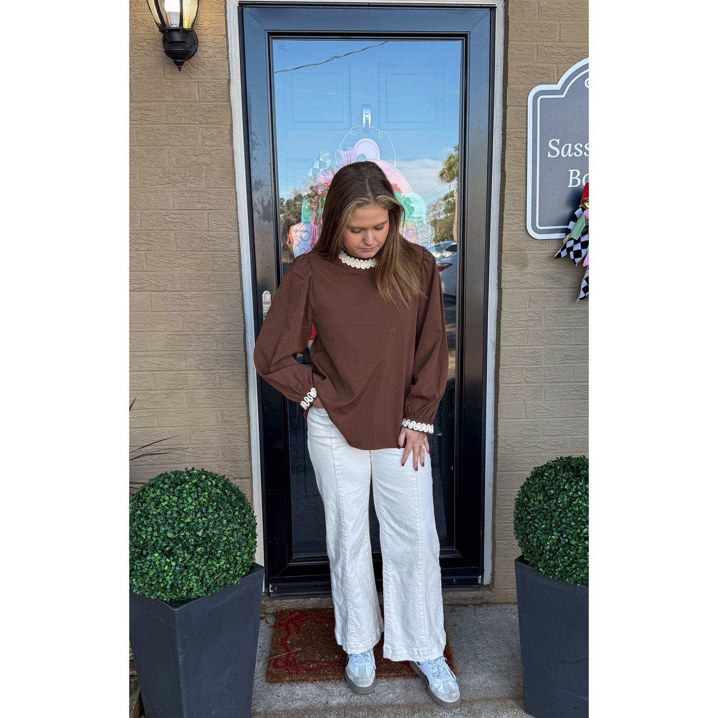 Brooke Detail Blouse, Brown/Ivory