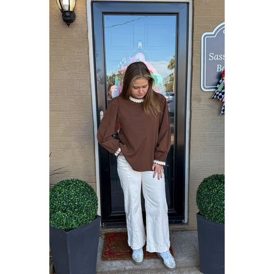 Brooke Detail Blouse, Brown/Ivory