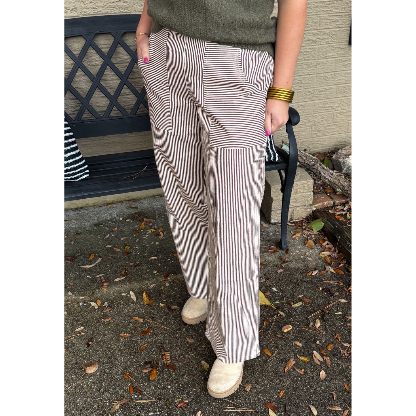 Ariana Stripe Pants, Cream/Taupe
