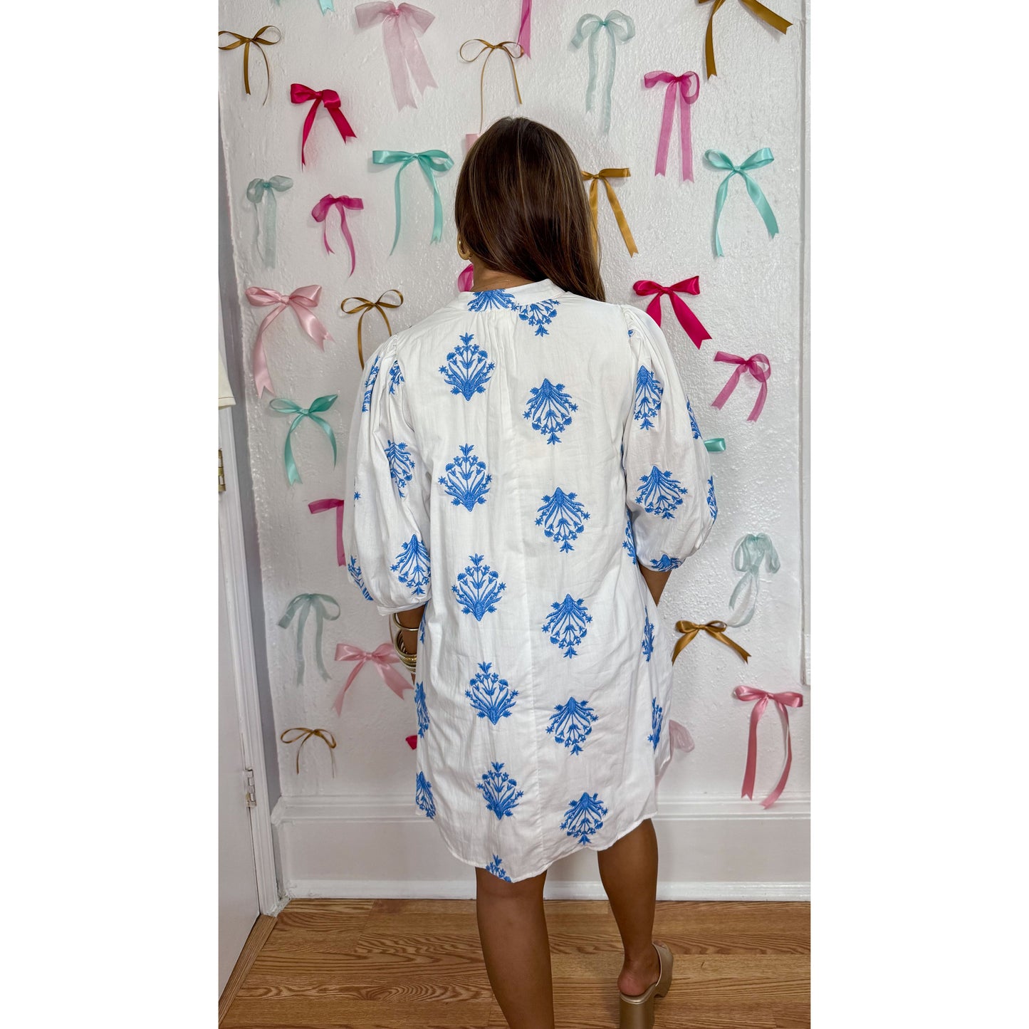 Pattern Detail Mini Dress, White/Blue