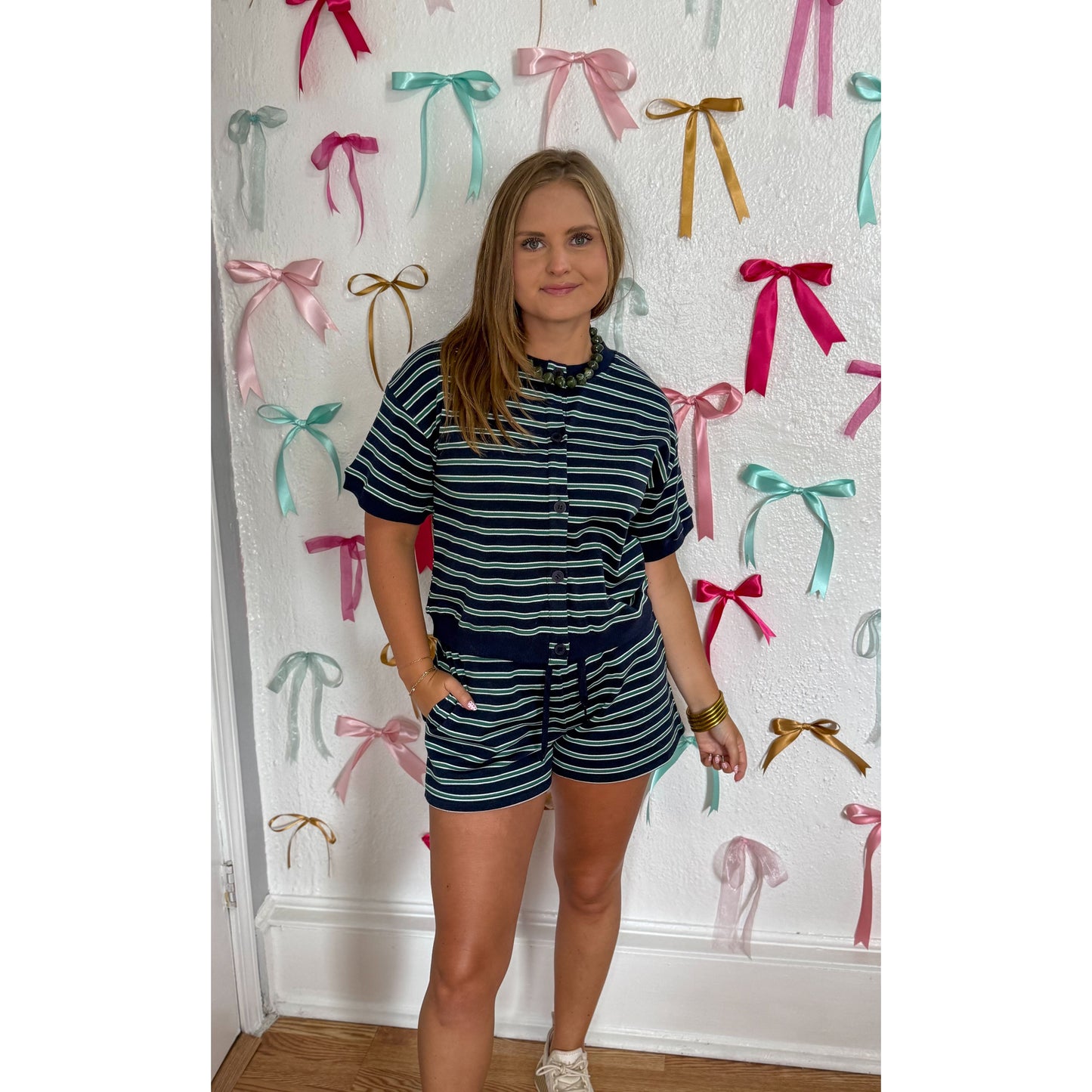 Navy/Hunter Green Stripe Lounge Short Set