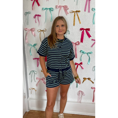Navy/Hunter Green Stripe Lounge Short Set