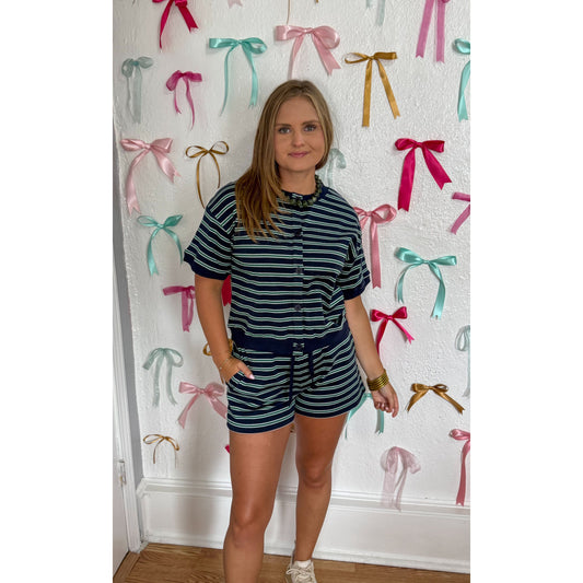Navy/Hunter Green Stripe Lounge Short Set