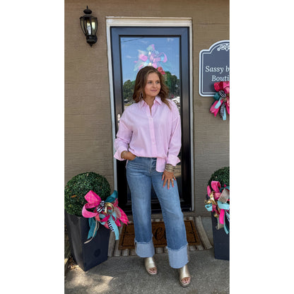 Stripe Button Down Top, Pink/White