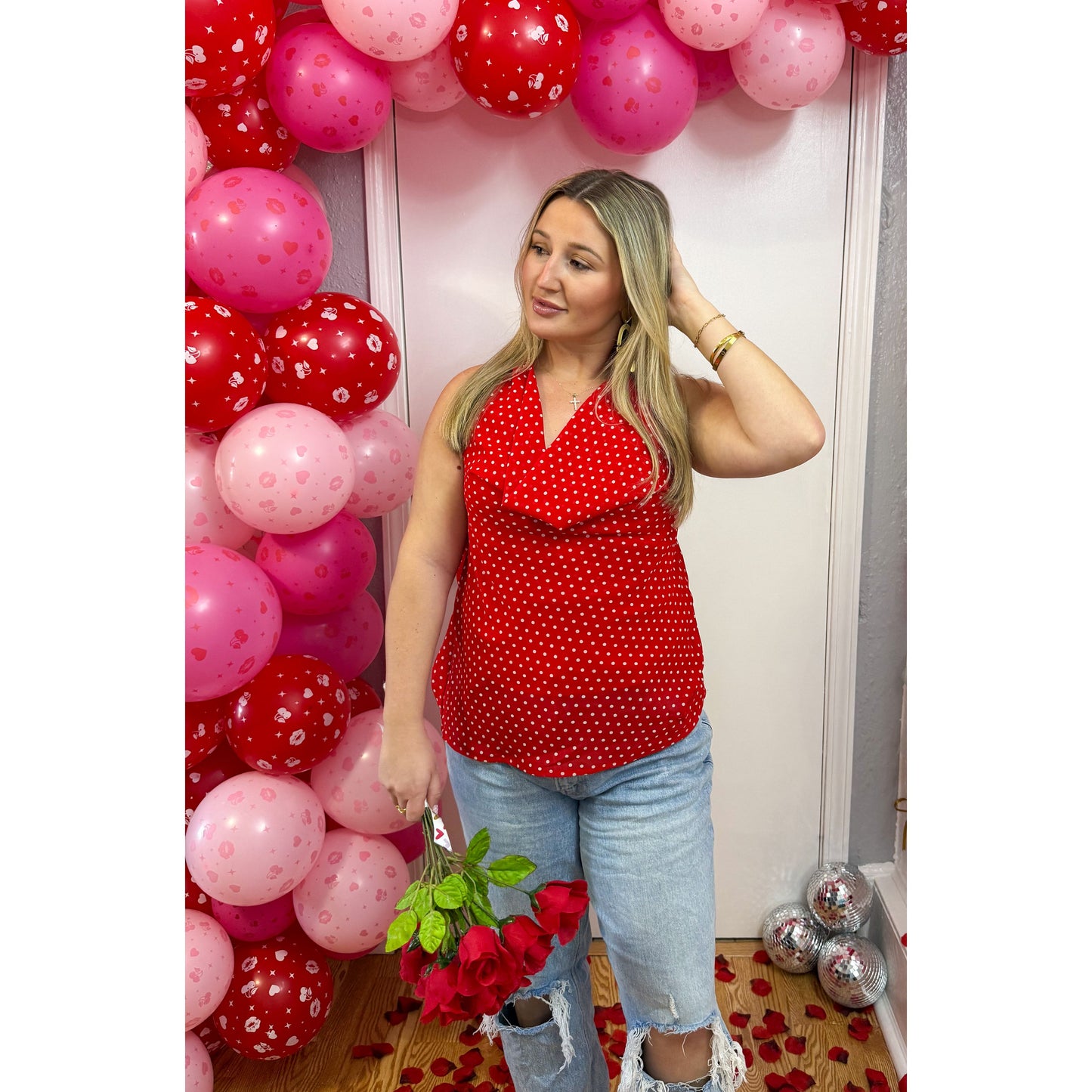 Polka Dot Detail Top, Cherry Red/White