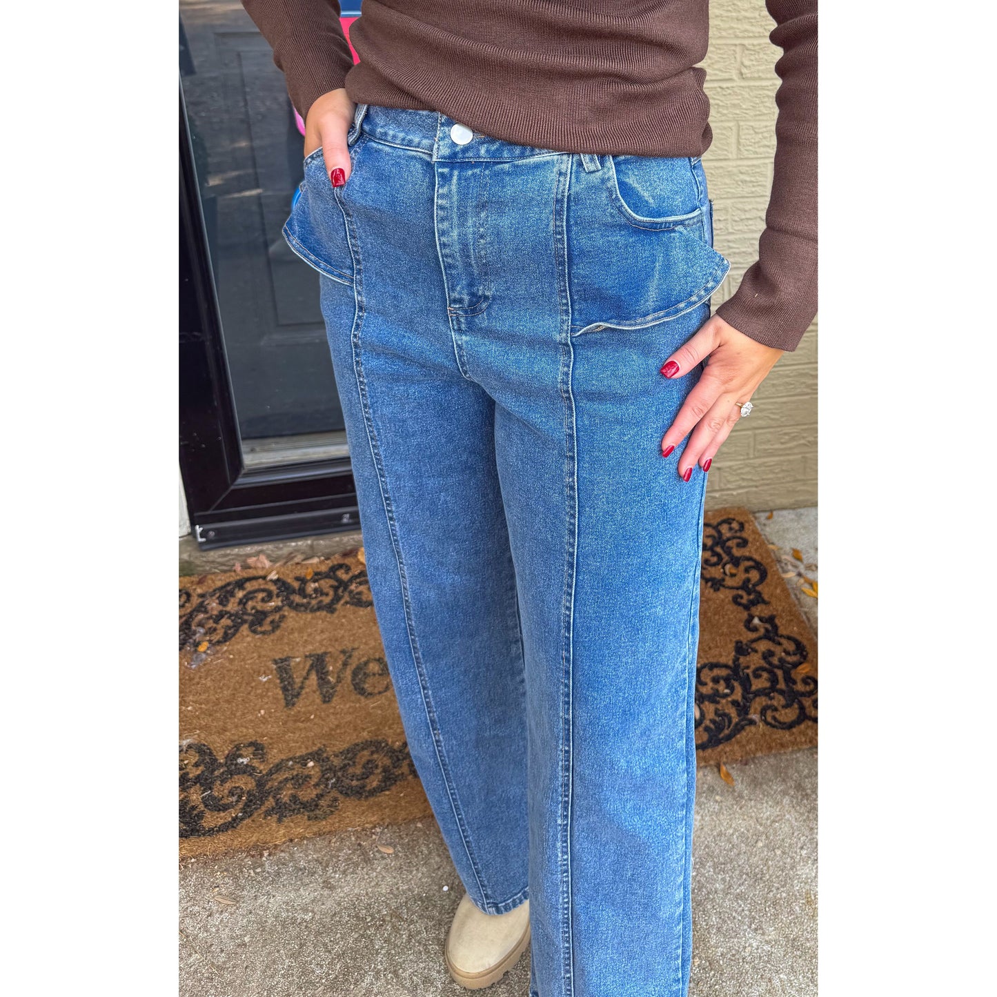 Maddie Ruffle Detail Jeans, Medium Wash