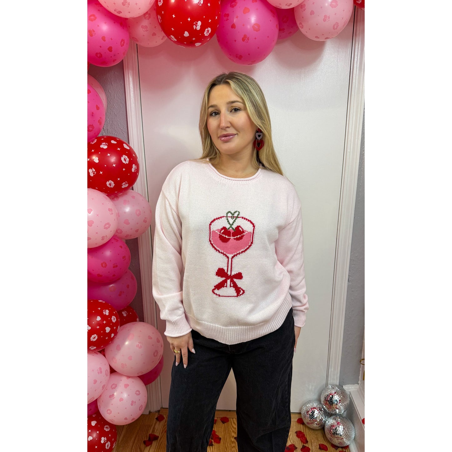 Heart Martini Graphic Sweater, Light Pink Multi