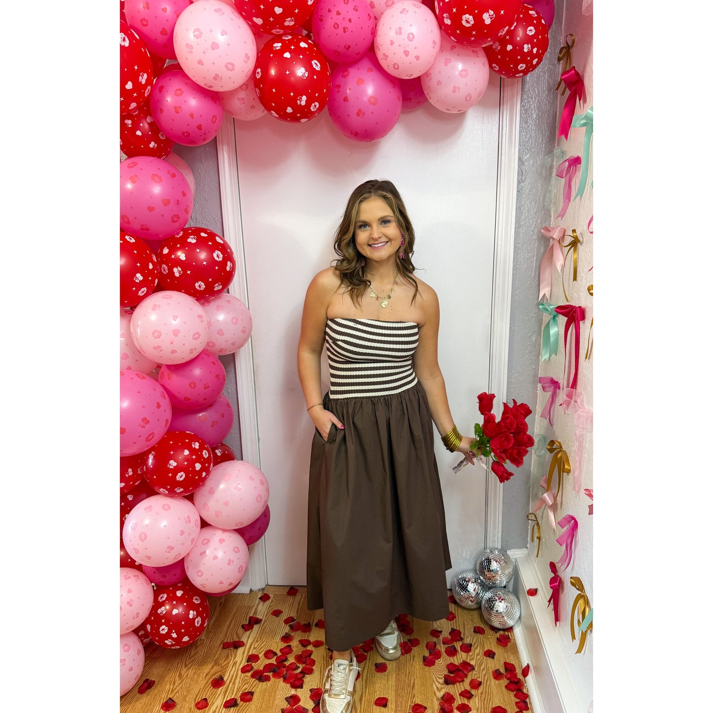 Stripe Detail Midi Dress, Chocolate/Ivory