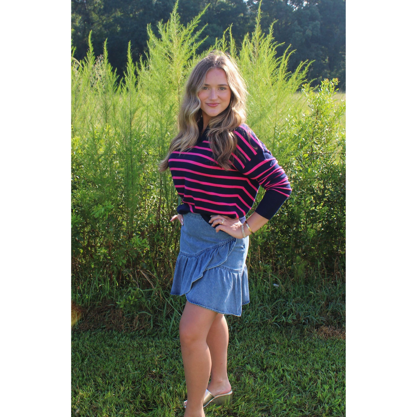 Khloe Stripe Top, Navy/Pink