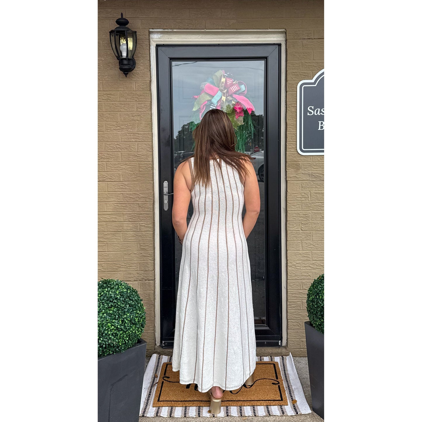 Blakely Knit Midi Dress, White/Taupe