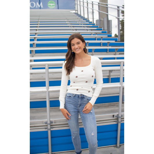 Sweater Knit Top w/ Footballs, Ivory
