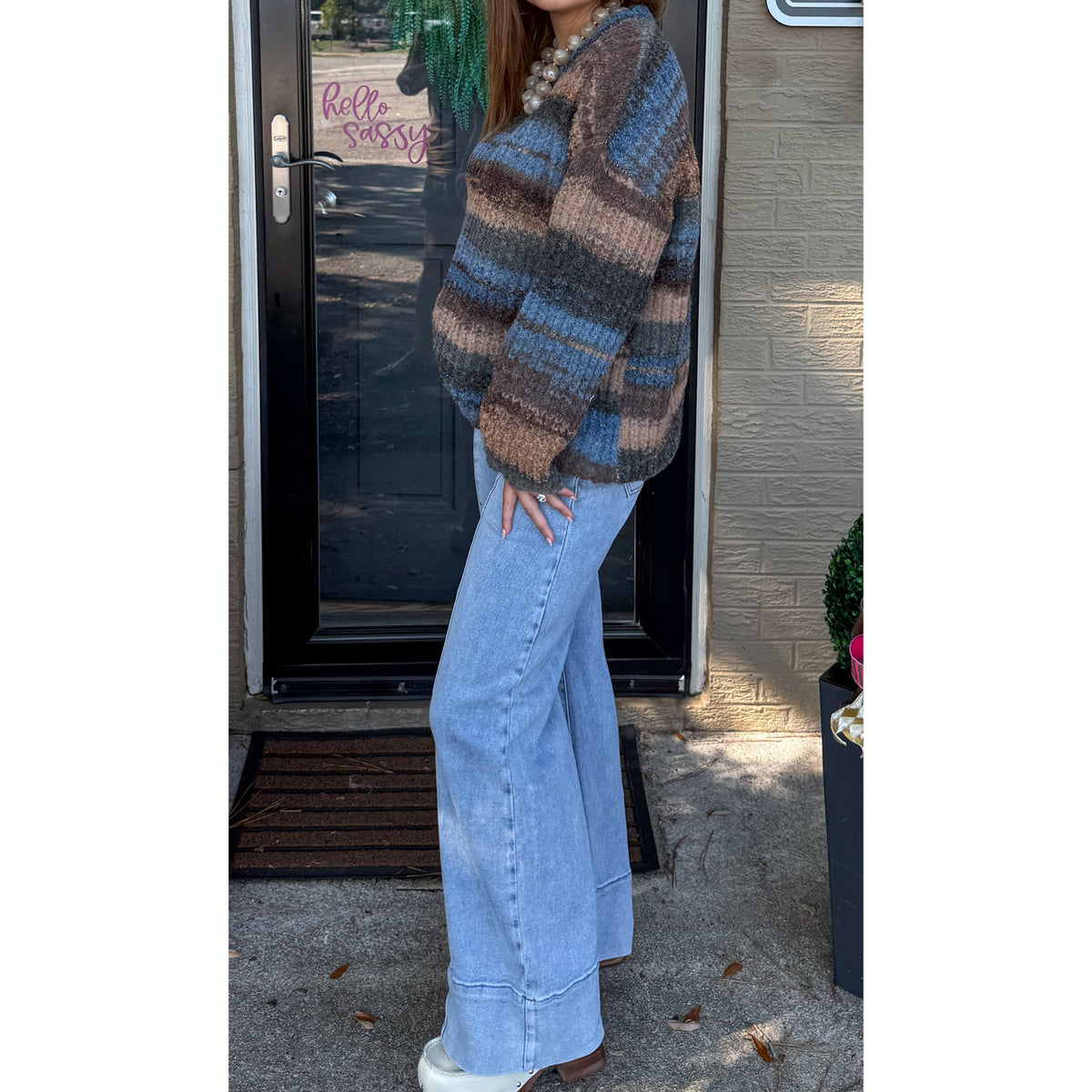 Greer Knit Sweater, Blue/Brown Multi