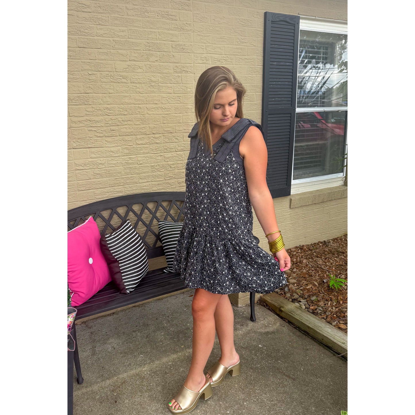 Rachel Floral Mini Dress, Black/White