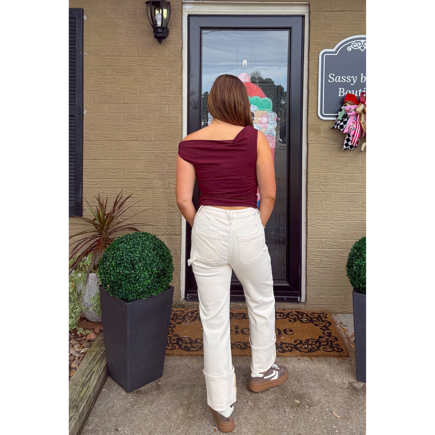 Millie Rhinestone Stud Top, Burgundy