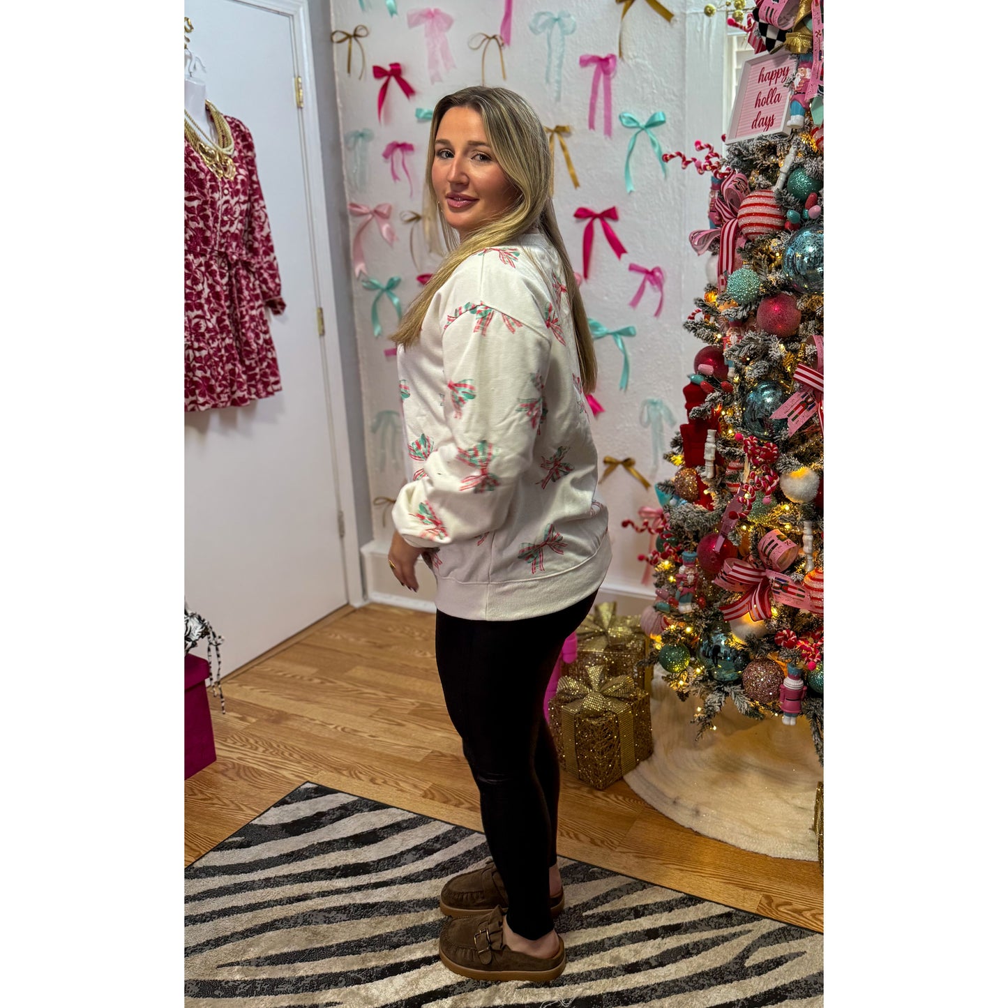 Plaid Bow Pullover, Red/Green/Grey